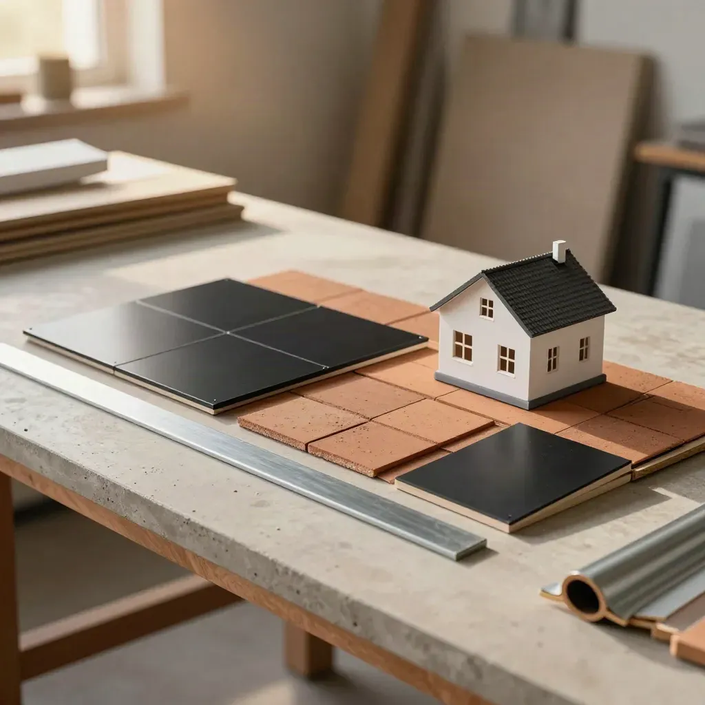 Solar roof mockup with panel samples, clay tiles, and a small house model on a workbench.
