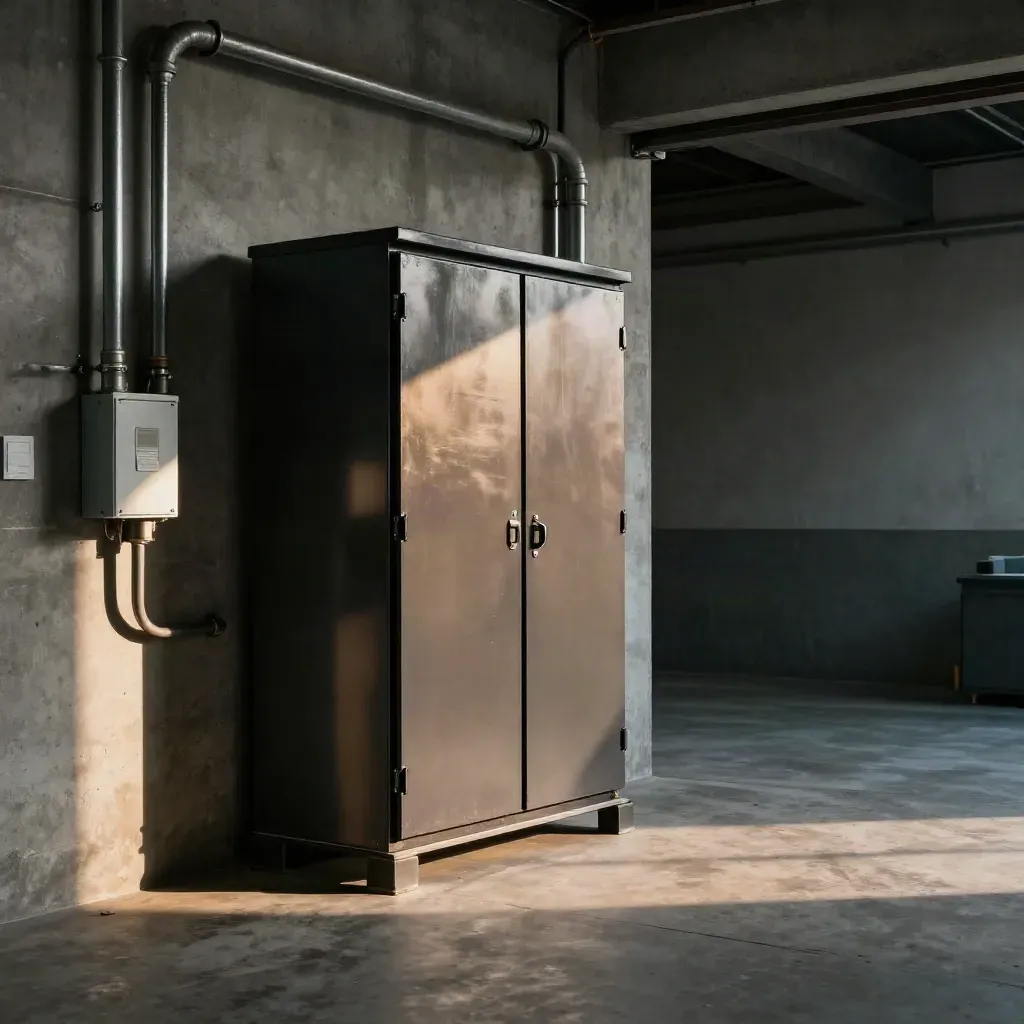 Battery backup cabinet in an industrial service bay, lit by warm raking light.