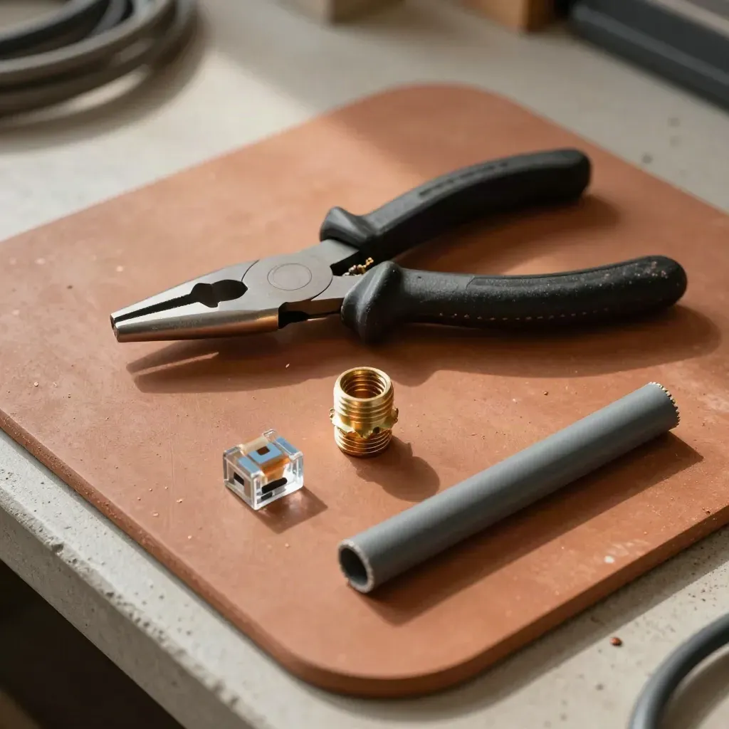 Top-down macro of insulated pliers, fuse, conduit fitting and junction cap on a terracotta work mat.