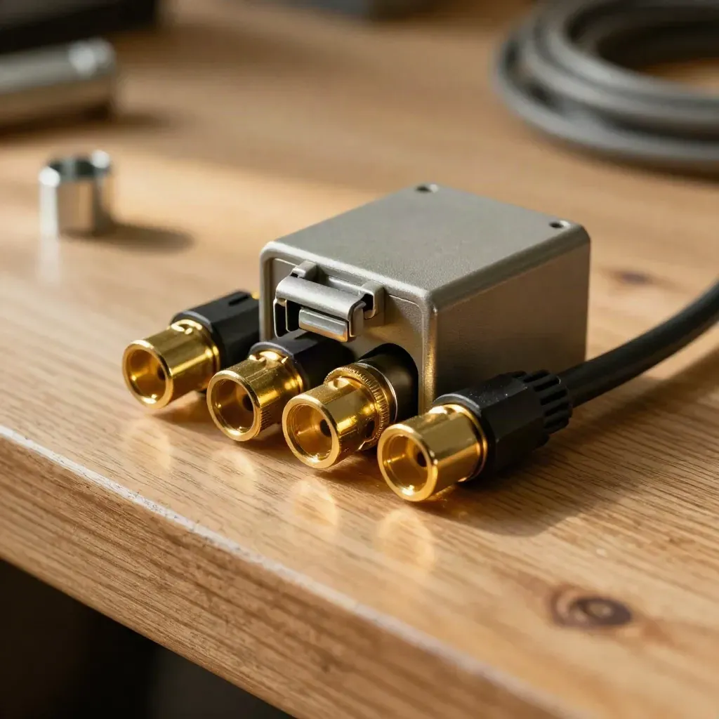 MC4 connectors, cable ends, and open junction box on a pale oak workbench