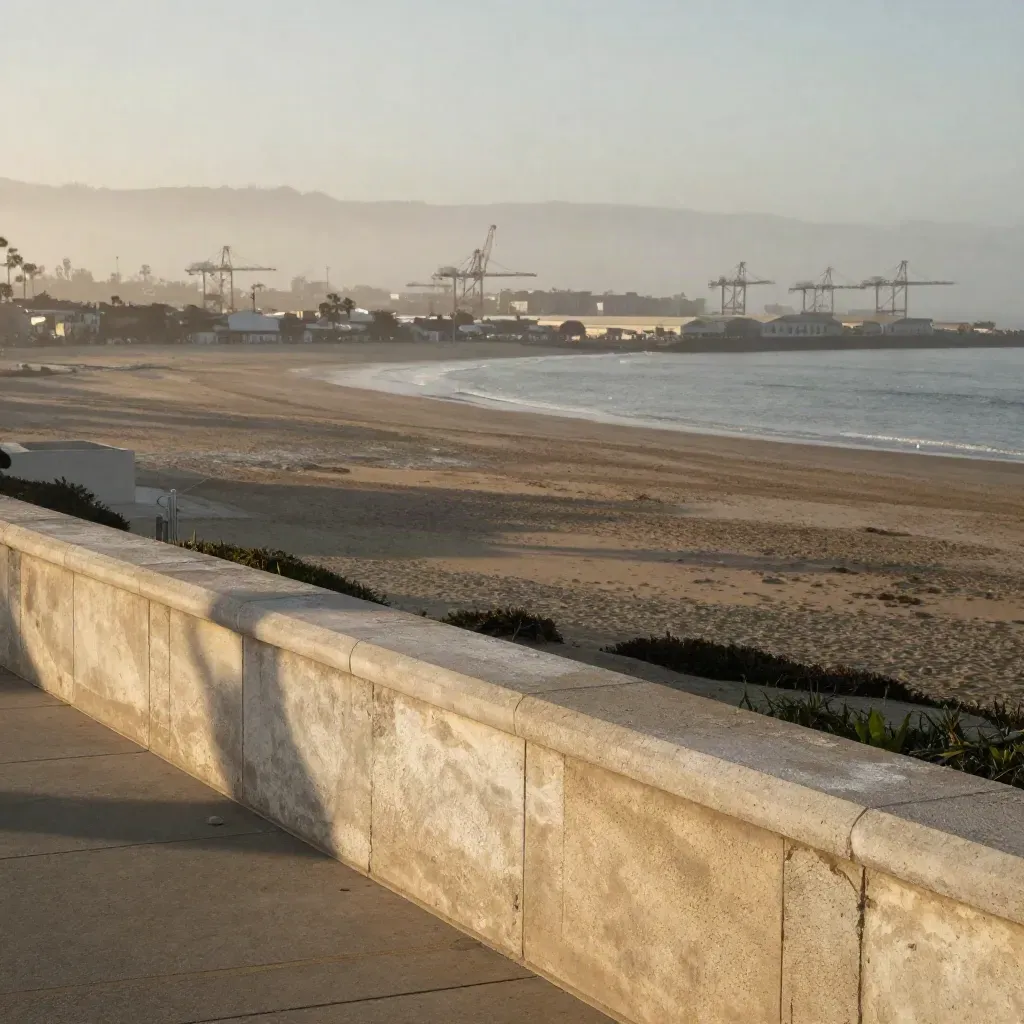 Hazy South Bay LA port skyline with cranes above a pale stone bluff at golden hour