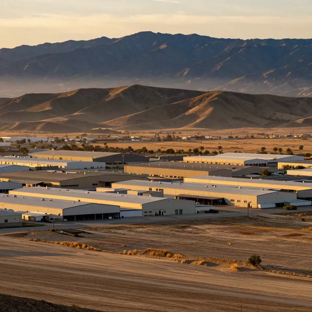 Golden Inland Empire foothills, tract rooftops, warehouses and blue mountains in warm haze.
