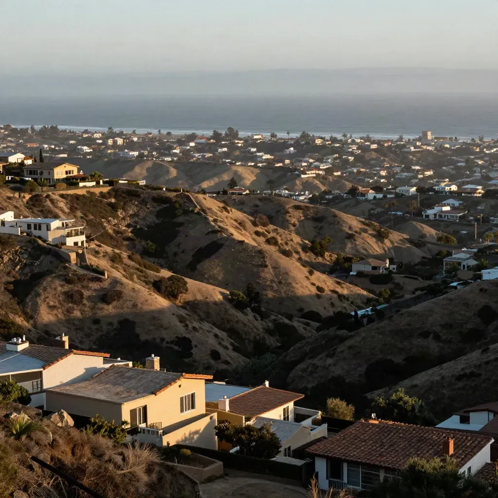 Hazy San Diego County canyon homes with distant ocean and soft hills